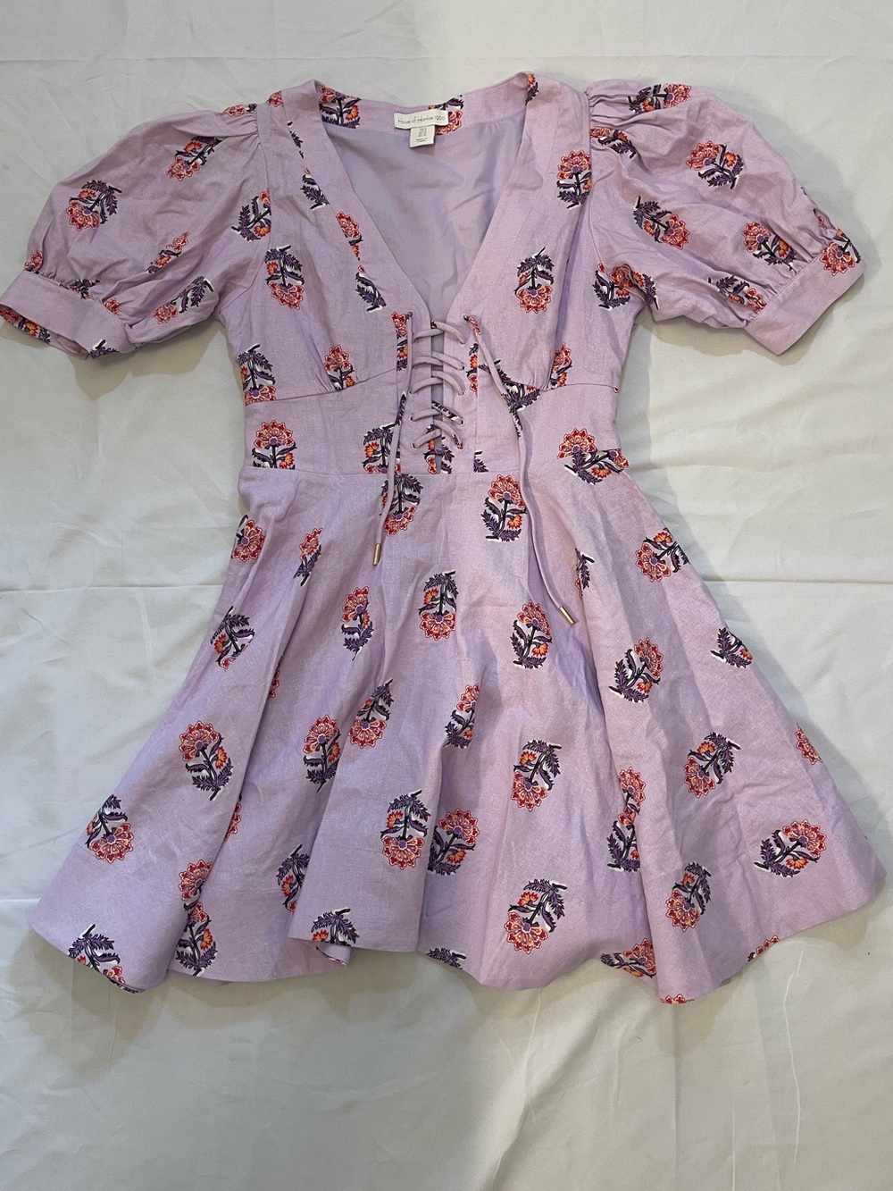House of Harlow 1960 Lilac Floral Linen Blend Lace Up Mini Dress Size 6